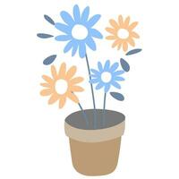 flower pot with blue and orange flowers vector