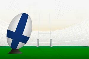 Finland national team rugby ball on rugby stadium and goal posts, preparing for a penalty or free kick. vector