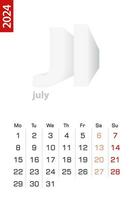 Minimalist calendar template for July 2024, vector calendar in English.