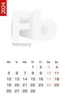 Minimalist calendar template for February 2024, vector calendar in English.