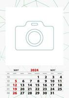 Wall calendar planner template for May 2024, week starts on sunday. vector