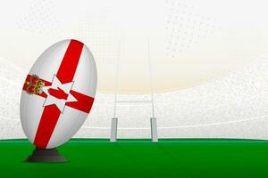 Northern Ireland national team rugby ball on rugby stadium and goal posts, preparing for a penalty or free kick. vector