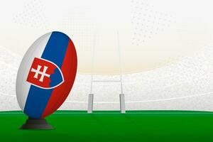 Slovakia national team rugby ball on rugby stadium and goal posts, preparing for a penalty or free kick. vector