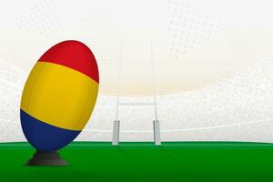 Romania national team rugby ball on rugby stadium and goal posts, preparing for a penalty or free kick. vector