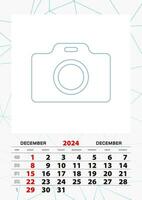 Wall calendar planner template for December 2024, week starts on sunday. vector