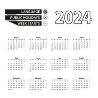 2024 calendar in Azerbaijani language, week starts from Sunday. vector