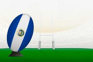 El Salvador national team rugby ball on rugby stadium and goal posts, preparing for a penalty or free kick. vector