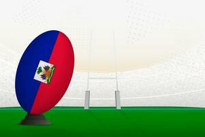 Haiti national team rugby ball on rugby stadium and goal posts, preparing for a penalty or free kick. vector