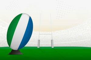 Sierra Leone national team rugby ball on rugby stadium and goal posts, preparing for a penalty or free kick. vector