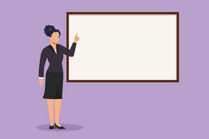 Graphic flat design drawing woman teacher professor standing in front of blackboard teaching student in class. College class or university teacher teach in classroom. Cartoon style vector illustration