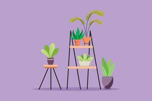 Cartoon flat style drawing of home garden, succulents, flowers, potted plants. Interior design, table, rack, stand for home plants. Seedlings of decorative tulips. Graphic design vector illustration