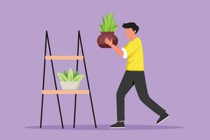Graphic flat design drawing of home gardening. Male take care to houseplant. Man carefully puts flower in pot on rack. Growing exotic plants. Stand with rare sprouts. Cartoon style vector illustration