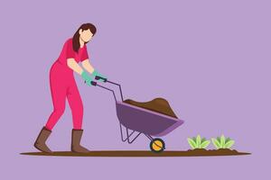 Cartoon flat style drawing of young beautiful girl carrying wheelbarrow with plants and flowers outdoor. Green home hobby. Garden work. Florist taking care of plant. Graphic design vector illustration