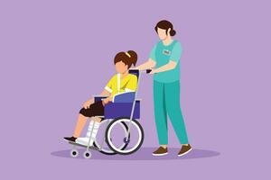 Character flat drawing paramedic help disabled little girl in wheelchair in transportation. Spend time together with fun, equal opportunities. Volunteer assistance. Cartoon design vector illustration