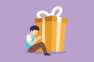 Character flat drawing happy little boy sitting and hugging huge gift box with ribbon bow wrapped in front of his in arms. Children accept birthday gift or present. Cartoon design vector illustration
