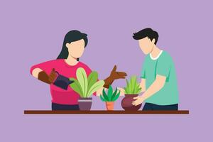 Cartoon flat style drawing man woman spraying and water flowers on shelf with watering can. Happy couple take care of homeplants, flowers in pots enjoying gardening. Graphic design vector illustration