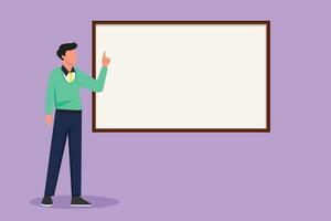 Cartoon flat style drawing man teacher professor standing in front of blackboard teaching student in classroom. College class university teacher teach in classroom. Graphic design vector illustration