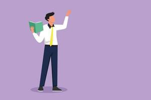 Graphic flat design drawing man teacher or professor standing in front of classroom with book, teaching student at school. Professor at university is giving lecture. Cartoon style vector illustration