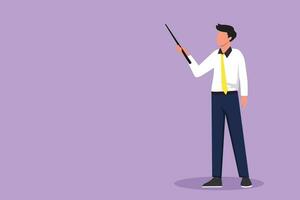 Cartoon flat style drawing of male teacher or young professor standing in front of class with pointer stick teaching lesson. School teacher in tidy shirt with tie. Graphic design vector illustration