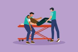 Graphic flat design drawing unconscious man patient in emergency room. Nurse, wearing green coat with wheelchair. Medic nurse boys, putting down young male on gurney. Cartoon style vector illustration