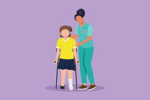 Cartoon flat style drawing little girl patient learn walking using crutches with help doctor physiotherapist. Physiotherapy treatment of people injury, disability. Graphic design vector illustration