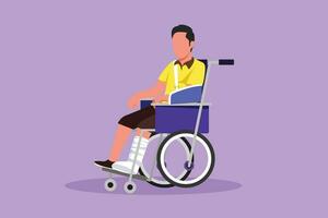 Character flat drawing sick man with injuries, gypsum sits in wheelchair. Injured male sitting in wheelchair with broken leg. Sad guy with fractured leg in hospital. Cartoon design vector illustration