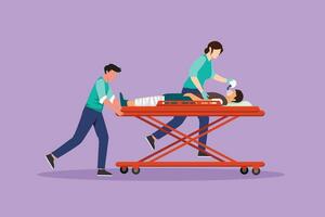 Graphic flat design drawing of medical team resuscitates affected person. Doctors take patient to gurney. Man has difficulty breathing. Health care and emergency aid. Cartoon style vector illustration