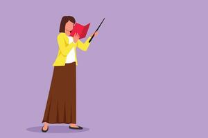 Cartoon flat style drawing beautiful woman teacher standing with open book, pointer in front of classroom teaching lesson. Professor at university is giving lecture. Graphic design vector illustration