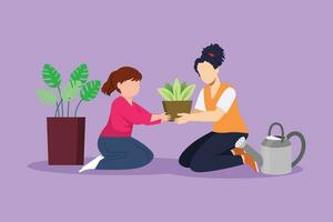 Graphic flat design drawing happy mom and her daughter gardening. Having hobby with kid. Mom and baby girl planting flowers. Idea of happy motherhood and childhood. Cartoon style vector illustration