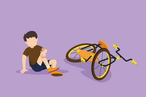 Cartoon flat style drawing of unhappy little boy fallen off bicycle. Bike accident. Kids fallen damaged bicycle broken transport children accidents helping person. Graphic design vector illustration