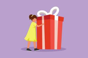 Graphic flat design drawing happy little girl hugging huge birthday gift. Satisfied kid standing near wrapped birthday gift box with bow. Present for birthday party. Cartoon style vector illustration