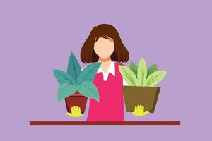 dibujos animados plano estilo dibujo joven hermosa mujer participación diferente plantas de interior en ollas. linda hembra personaje tomando cuidado de plantas de interior en conserva plantas en el casa. gráfico diseño vector ilustración