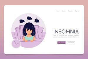 Sleep disorder concepr female person suffer from insomnia web banner landing vector