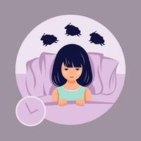 Sleep disorder concepr female person suffer from insomnia flat ilustration vector