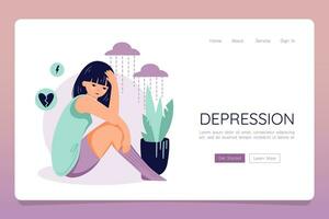 Depression concept. Mental illness female web landing banner template vector