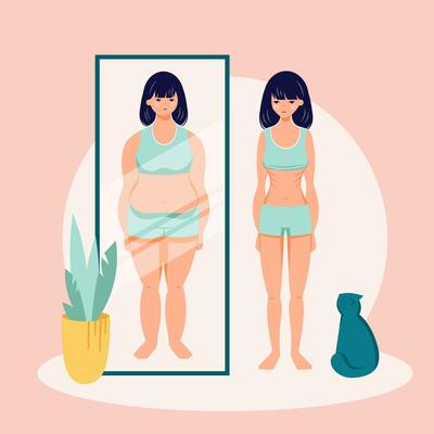 Eating disorder concept. Girl lokking on mirror. Anorexia problem flat person illustration