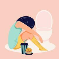 Eating disorder concept. Girl purge after eating. Bulimia problem flat person illustration vector