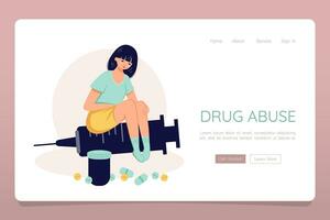 Drug addiction concept female person suffer from drug abuseweb landing banner vector