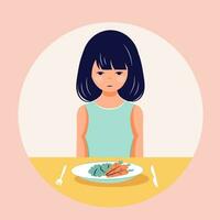 comiendo trastorno concepto. niña negar alimento. anorexia problema plano persona ilustración vector