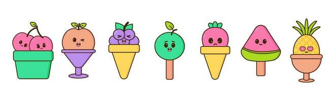 Set of kawaii ice cream with cute face on a white background. vector