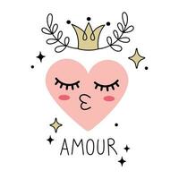 Cute Heart character with crown and AMOUR lettering. isolated on white background. Hand drawn line art vector illustration with lettering Amour. Amour means Love in french.