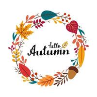 Autumn decorative round frame, template with autumn elements - leaves, twigs, acorn, berries and lettering HELLO AUTUMN. Vector hand drawn illustration in Doodle style.