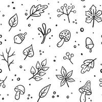 Autumn seamless pattern. Vector floral illustration. Flat design, doodle style. Hand drawn Fall pattern with Autumn elements - mushrooms, oak leaves, maple leaves, autumn leaves, acorns, dry twigs.