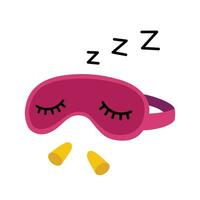 Sleeping mask with earplugs. Cute mask with closed eyes. Pink eye mask, flat design. Colorful vector illustration. Objects for better sleeping.