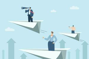 Business development concept, new ideas, Business opportunities open up world view, Businessman using binoculars on paper plane. Research and forecast concept. vector