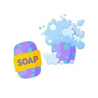 Soap bars, one unused and one with bubbles and foam. Homemade soap. Vector illustration