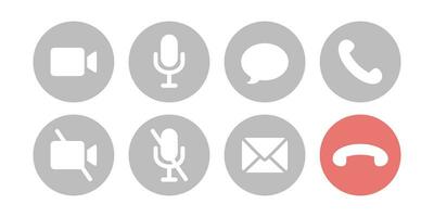 Virtual hangouts icons for conference call. On and off video, sound, message, mail and call icons isolated on white background. Vector illustration