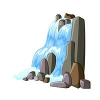 Waterfall cascade in rocks. Water splashing down with foam. Vector illustration of falling river