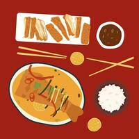 Chinese food with fried fish, rich and pork belly on a red background. vector