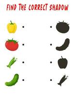Find the right shadow. Cute fruits. Educational game with vegetables. Logic games for children with an answer. A training card with a task for preschool and kindergarten children vector
